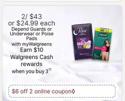 Walgreens Depend Guards or Underwear or Poise Pads offer