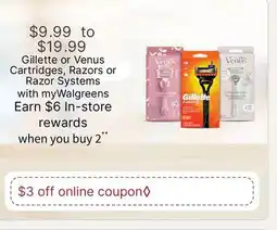 Walgreens Gillette or Venus Cartridges, Razors or Razor Systems offer