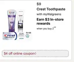 Walgreens Crest Toothpaste offer