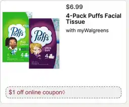 Walgreens 4-Pack Puffs Facial Tissue offer