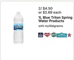 Walgreens 1L Blue Triton Spring Water Products offer