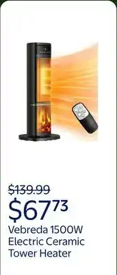 Walmart Vebreda 1500W Electric Ceramic Tower Space Heater with Remote, Black offer