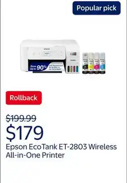 Walmart Epson EcoTank ET-2803 Wireless All-in-One Cartridge-Free Printer offer