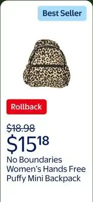 Walmart No Boundaries Women's Hands Free Puffy Mini Backpack, Leopard offer
