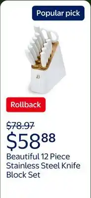 Walmart Beautiful 12 Piece Stainless Steel Knife Block Set, Soft-Grip Handles White Icing by Drew Barrymore offer