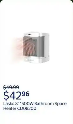 Walmart Lasko 8 1500W Bathroom Space Heater with ALCI Safety Plug and Timer, White, CD08200 offer