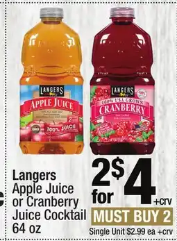 Super King Markets Langers Apple Juice or Cranberry Juice Cocktail offer