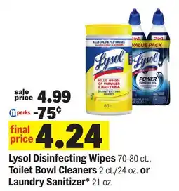 Meijer Lysol Disinfecting Wipes 70-80 ct., Toilet Bowl Cleaners 2 ct./24 oz. or Laundry Sanitizer* 21 oz offer