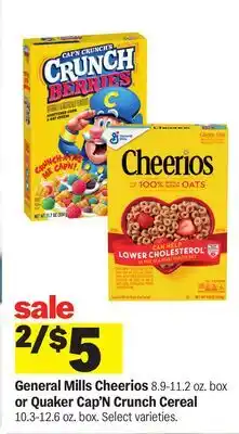Meijer General Mills Cheerios 8.9-11.2 oz. box or Quaker Cap'N Crunch Cereal 10.3-12.6 oz. box offer
