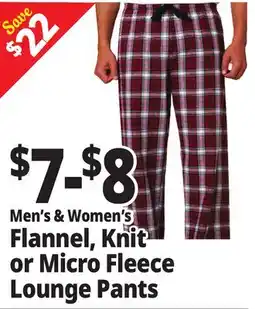 Ocean State Job Lot Men's & Women's Flannel, Knit or Micro Fleece Lounge Pants offer