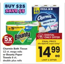 ACME Charmin Bath Tissue 12 ct. mega rolls or Bounty Paper Towels 6 ct. double plus rolls offer