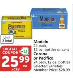 Vons Modelo 24 pack, 12 oz. bottles or cans Corona or Pacifico 24 pack, 12 oz. bottles offer