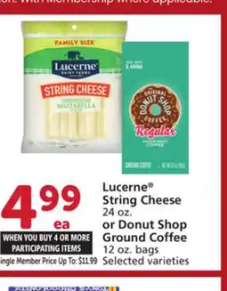Vons Lucerne String Cheese 24 oz. or Donut Shop Ground Coffee 12 oz. bags offer