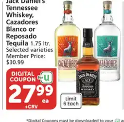 Vons Jack Daniel's Tennessee Whiskey, Cazadores Blanco or Reposado Tequila offer