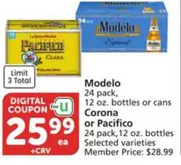 Albertsons Modelo 24 pack, 12 oz. bottles or cans Corona or Pacifico 24 pack, 12 oz. bottles offer
