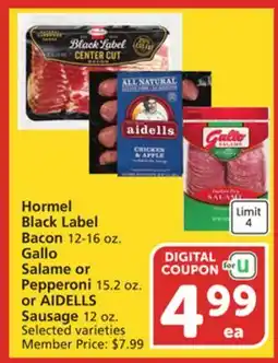 Albertsons Hormel Black Label Bacon 12-16 oz. Gallo Salame or Pepperoni 15.2 oz. or AIDELLS Sausage 12 oz offer