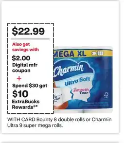 CVS Bounty 8 double rolls or Charmin Ultra 9 super mega rolls offer