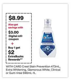 CVS Crest Stain Prevention 473mL, Extra Whitening, Glamorous White, Clinical or Gum rinse 946mL-1L offer