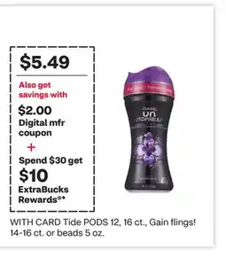 CVS Tide PODS 12, 16 ct., Gain flings! 14-16 ct. or beads 5 oz offer