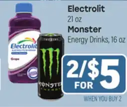 Tony’s Fresh Market Electrolit 21oz Monster Energy Drinks, 16oz offer