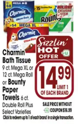 Jewel-Osco Charmin Bath Tissue 9 ct. Mega XL or 12 ct. Mega Roll or Bounty Paper Towels 6 ct. Double Roll Plus offer