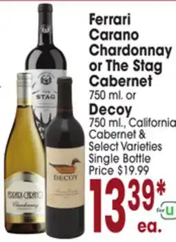 Jewel-Osco Ferrari Carano Chardonnay or The Stag Cabernet 750 ml. or Decoy 750 ml., California Cabernet offer