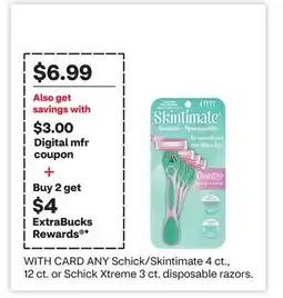 CVS ANY Schick/Skintimate 4 ct., 12 ct. or Schick Xtreme 3 ct. disposable razors offer