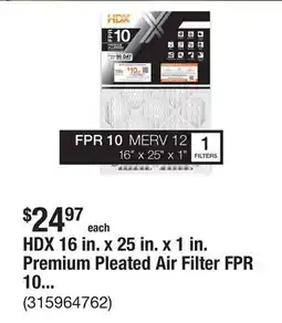 The Home Depot HDX 16 in. x 25 in. x 1 in. Premium Pleated Air Filter FPR 10, MERV 12 offer