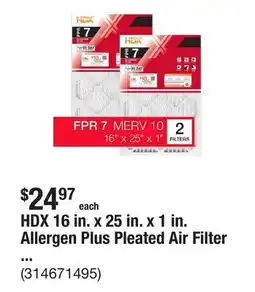 The Home Depot HDX 16 in. x 25 in. x 1 in. Allergen Plus Pleated Air Filter FPR 7, MERV 10 (2-Pack) offer