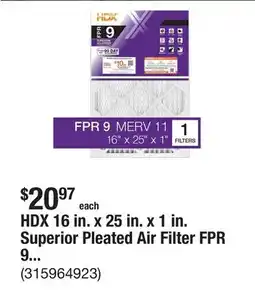 The Home Depot HDX 16 in. x 25 in. x 1 in. Superior Pleated Air Filter FPR 9, MERV 11 offer