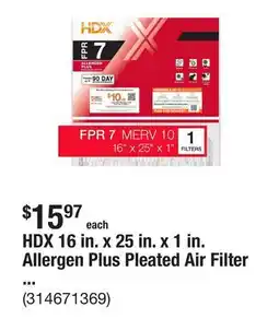 The Home Depot HDX 16 in. x 25 in. x 1 in. Allergen Plus Pleated Air Filter FPR 7, MERV 10 offer