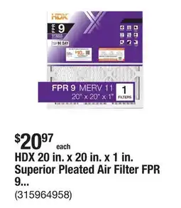 The Home Depot HDX 20 in. x 20 in. x 1 in. Superior Pleated Air Filter FPR 9, MERV 11 offer