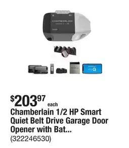 The Home Depot Chamberlain 1/2 HP Smart Quiet Belt Drive Garage Door Opener with Battery Backup offer