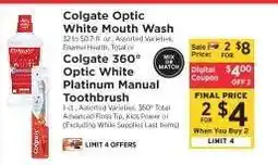 ShopRite Colgate Optic White Mouth Wash or Colgate 360° Optic White Platinum Manual Toothbrush offer