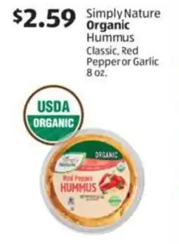 Aldi Simply Nature Organic Hummus Classic, Red Pepper or Garlic offer