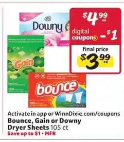 Winn Dixie Bounce, Gain, or Downy Dryer Sheets offer