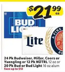 Winn Dixie 24 Pk Budweiser, Miller, Coors or Yuengling or 12 Pk NÜTRL or 20 Pk Bud or Bud Light offer