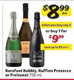 Winn Dixie Barefoot Bubbly, Ruffino Prosecco or Freixenet offer