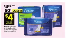 Dollar General Breeze Pads Super 48 ct., Maxi Overnight 20 ct. or Ultra Thin Extra Heavy Overnight 24 ct offer