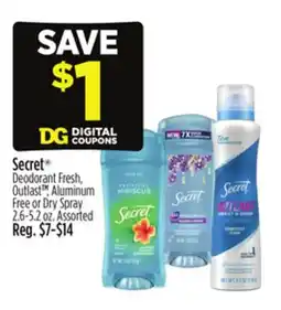 Dollar General Secret Deodorant Fresh, Outlast TM, Aluminum Free or Dry Spray offer