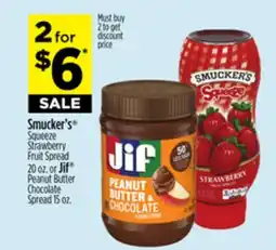 Dollar General Smucker's Squeeze Strawberry Fruit Spread 20 oz. or Jif Peanut Butter Chocolate Spread 15 oz offer