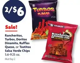 Family Dollar Rancheritos, Turbos, Doritos Dinamita, Ruffles Queso, or Tostitos Salsa Verde Chips offer