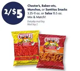 Family Dollar Chester's, Baken-ets, Munchos, or Santitas Snacks 3.25-11 oz. or Salsa 15.5 oz offer