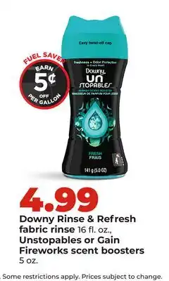Hy-Vee Downy Rinse & Refresh fabric rinse 16 fl. oz., Unstopables or Gain Fireworks scent boosters 5 oz offer