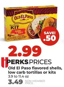 Hy-Vee Old El Paso flavored shells, low carb tortillas or kits offer