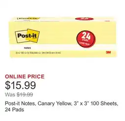 Costco Post-it Notes, Canary Yellow, 3 x 3 100 Sheets, 24 Pads offer