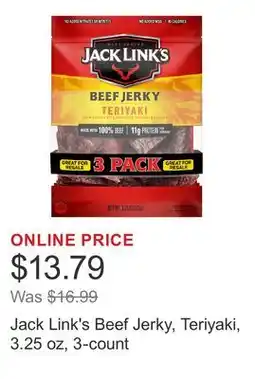 Costco Jack Link's Beef Jerky, Teriyaki, 3.25 oz, 3-count offer