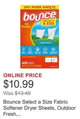 Costco Bounce Select a Size Fabric Softener Dryer Sheets, Outdoor Fresh, 400-count offer