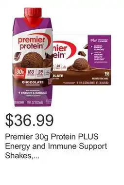 Costco Premier 30g Protein PLUS Energy and Immune Support Shakes, Chocolate, 11 fl oz, 18-pack offer