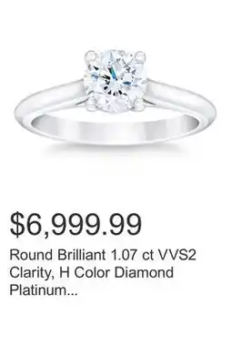 Costco Round Brilliant 1.07 ct VVS2 Clarity, H Color Diamond Platinum Solitaire Ring offer